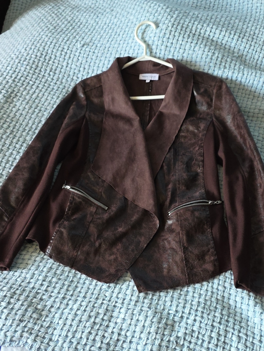 Worthington Dark Brown Faux-Leather Mixed-Media Draped Jacket